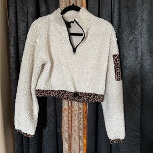 Women's cropped White Sherpa Jacket sweater with Leopard Trim